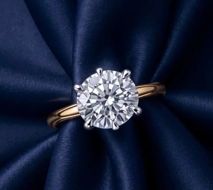 Diamond solitaire engagement ring on navy satin